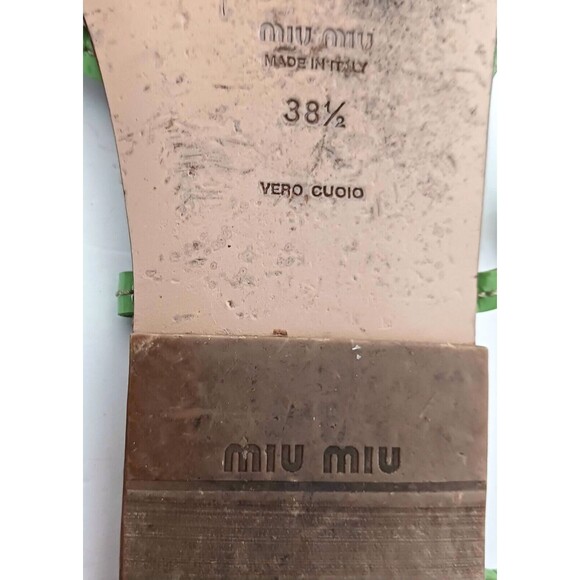 Mui Mui PRADA Green Patent Strappy Flat Sandal Cork Insole 38.5 Made in Italy - Picture 8 of 9